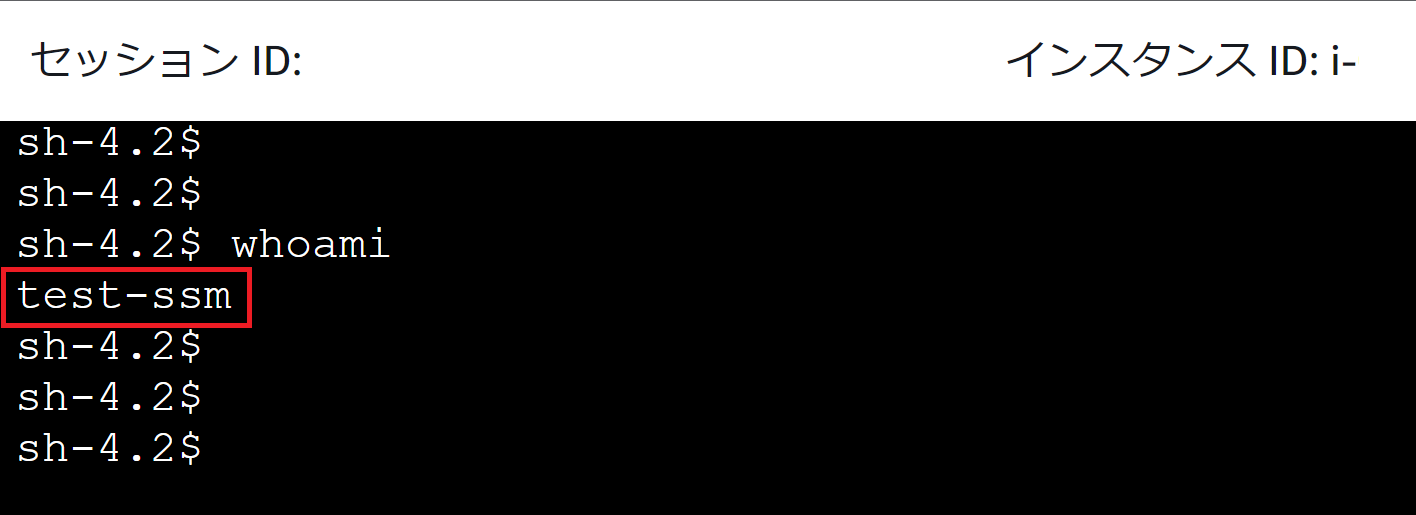 コンソール画面、whoamiコマンドでOSユーザが指定されたものになっていることを確認している
