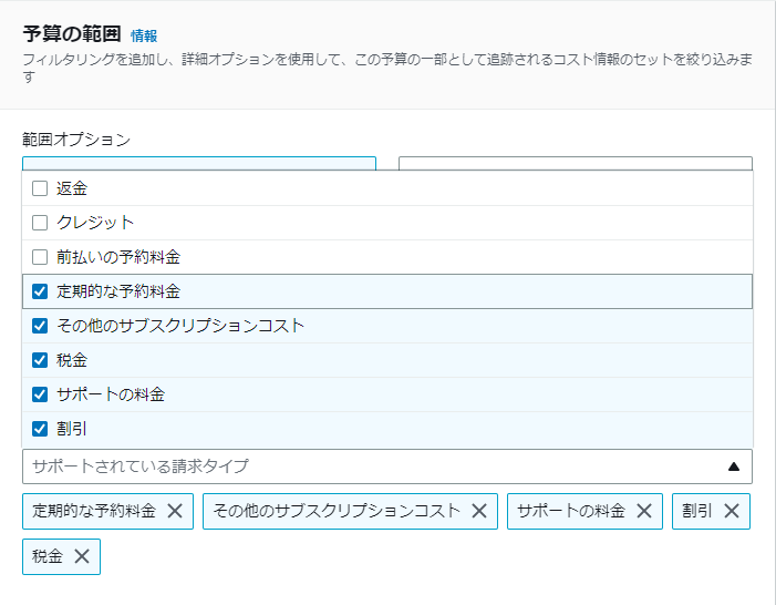 AWS Budgetsに設定された料金タイプ