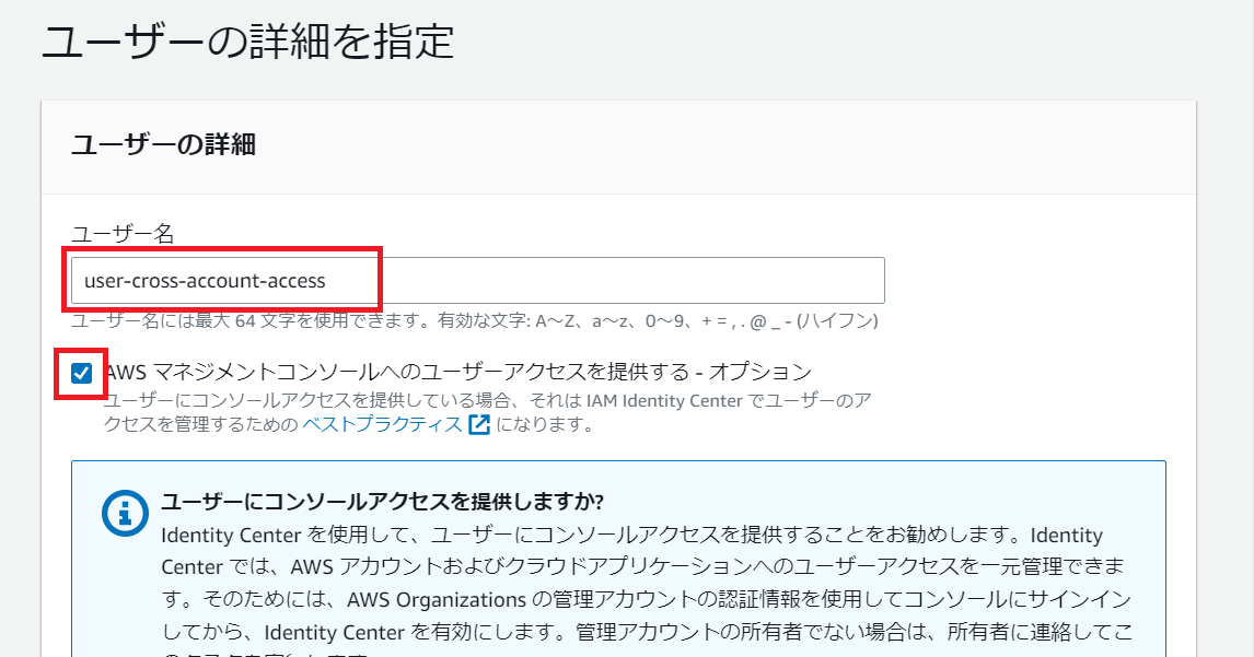 IAMユーザー名を入力し、オプションにチェックを入れている