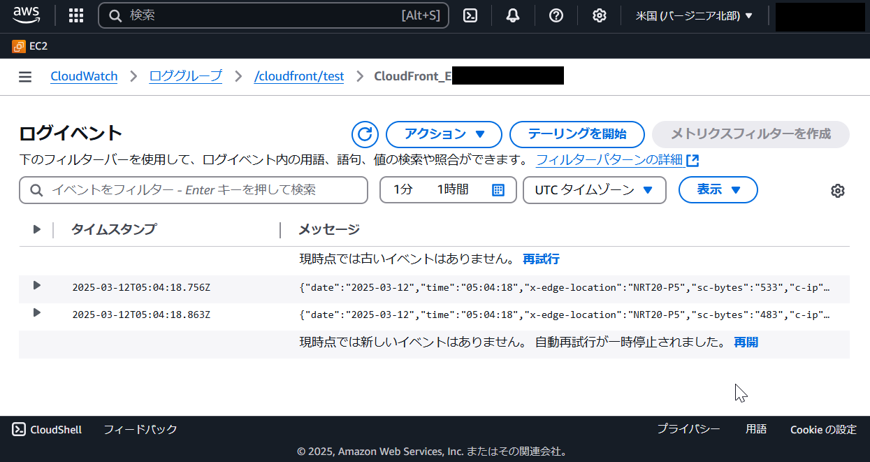 ロググループへのサンプル出力を確認している