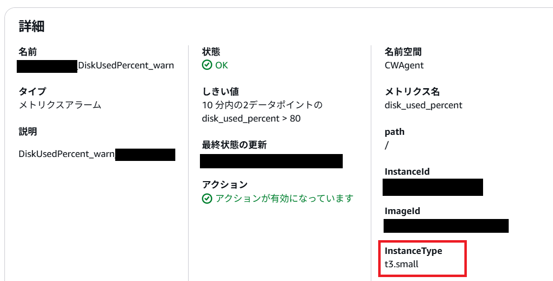 サンプルアラームの設定値画面、インスタンスタイプが表示されている