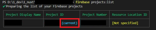 ターミナル画面のスクショ。firebase projects:listの実行結果が表示されている