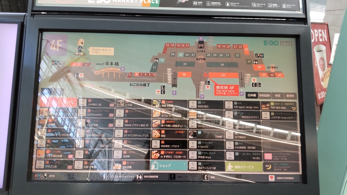 羽田空港第3ターミナルのレストラン街の表示。点灯している店は少ない