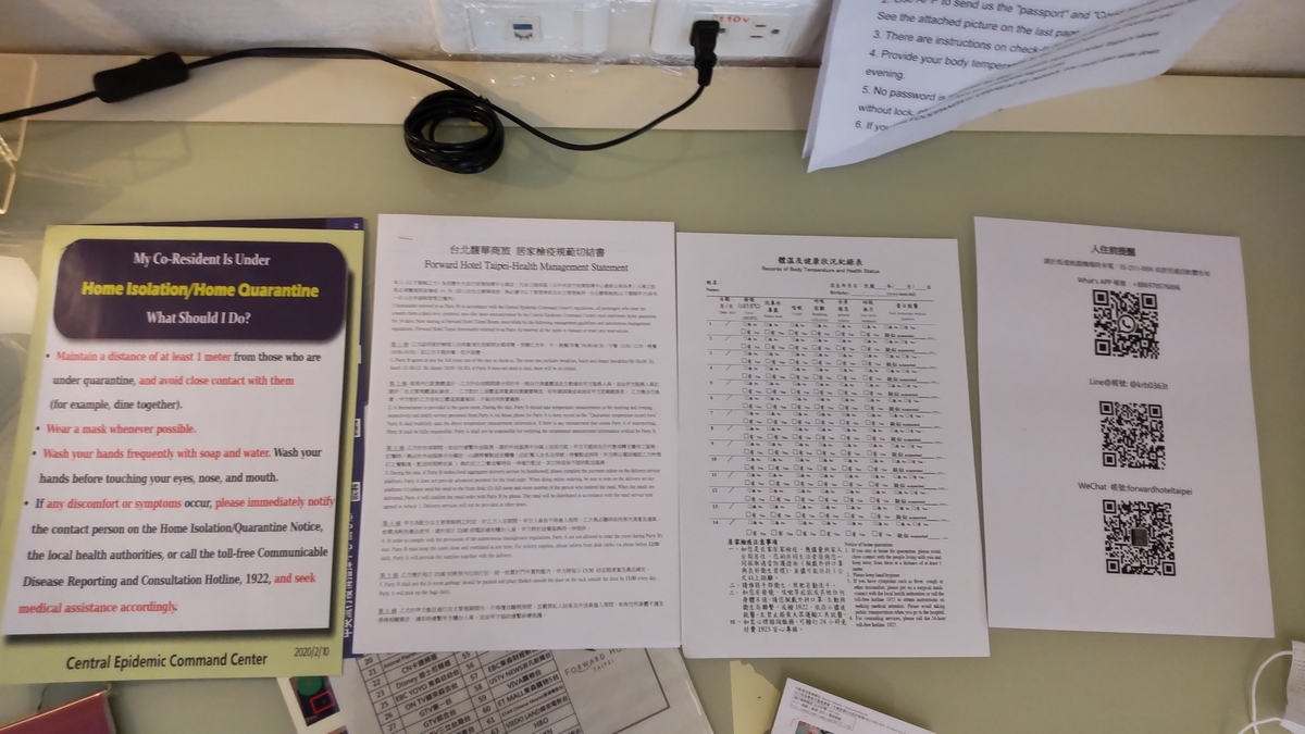 衛生管理の注意書き、宣誓書、体調記録用紙、チャットアプリのQRコード