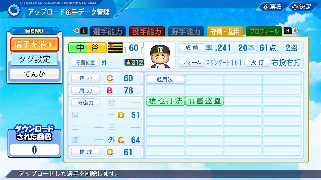 中谷将大(阪神'17)【パワプロ2022】 - てんかのパワプロ雑感