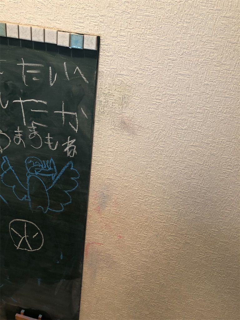 f:id:terateray:20200221180903j:plain 手作り黒板の横の壁がチョークで汚れている図。右側