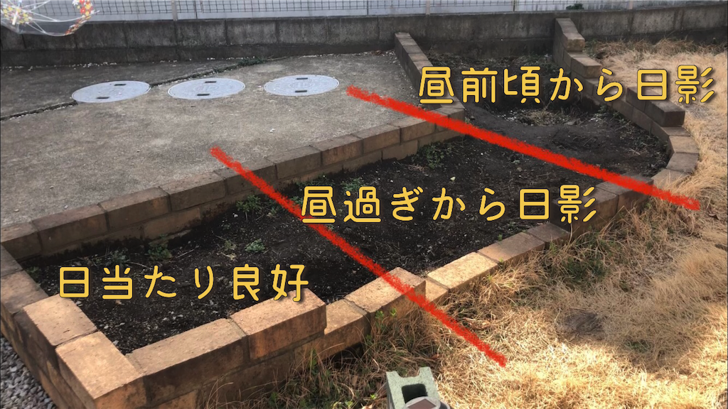 花壇の日当たりと日影の割合。左から日当たり良好、昼過ぎから日影、昼前頃から日影