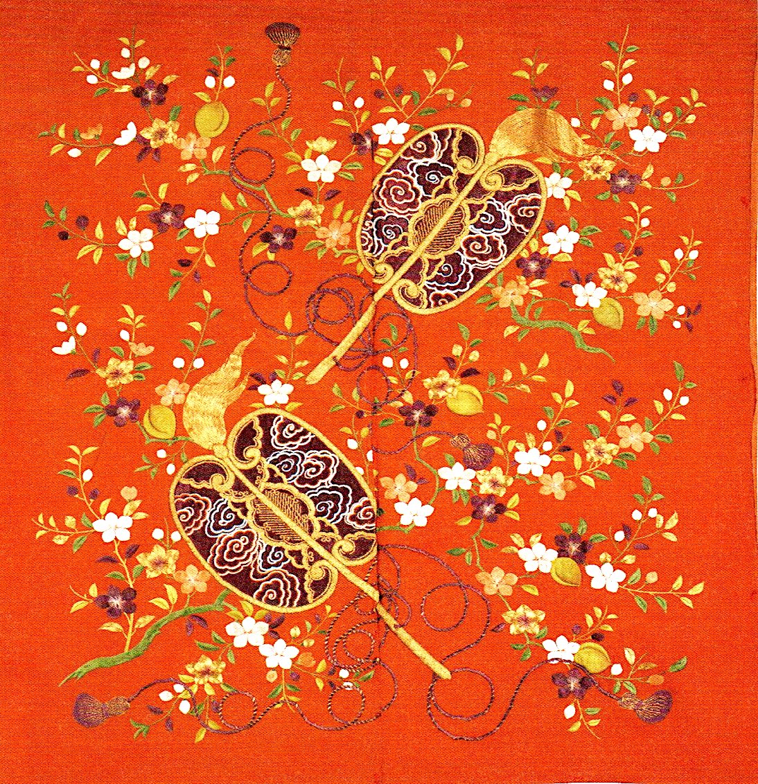 明治期・刺繍袱紗 熨斗目 松に雀 竹に海老 金駒刺繍 繻子 裏赤縮緬 ミュージアム巡り 江戸大奥 刺繍掛袱紗 紅縮緬地桃唐団扇西王母模様