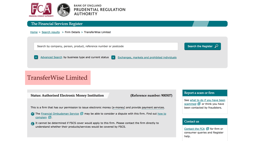 FCAのウェブサイト画像 WiseはFCAに認められているという説明