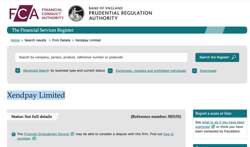 FCAのウェブサイトでXendpayが登録されている　安心の証です