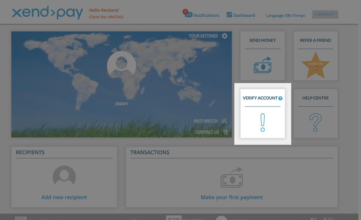Xendpayのアカウントトップ画面 verify accountを押しましょう。