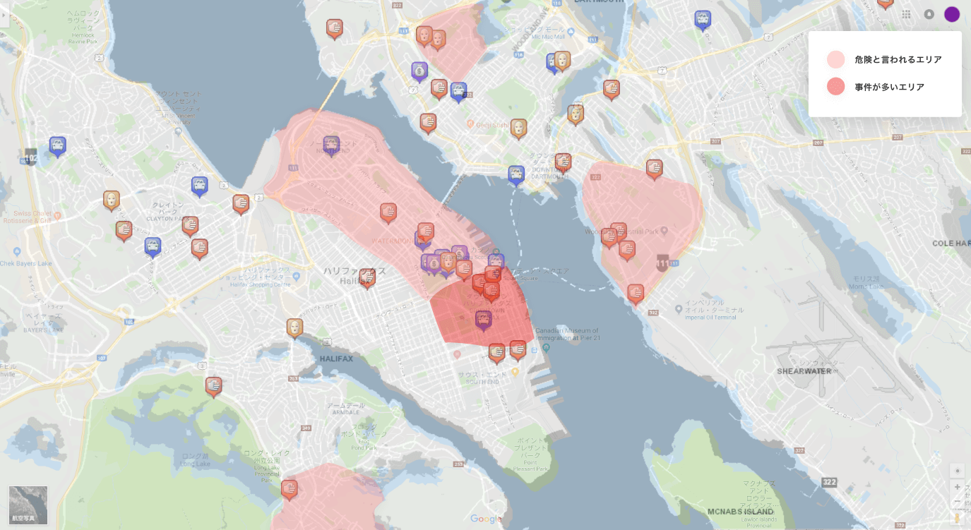 ハリファックスの危険と言われるエリアと、HRMのクライムマップを重ねて見るとそこそこ似ています。