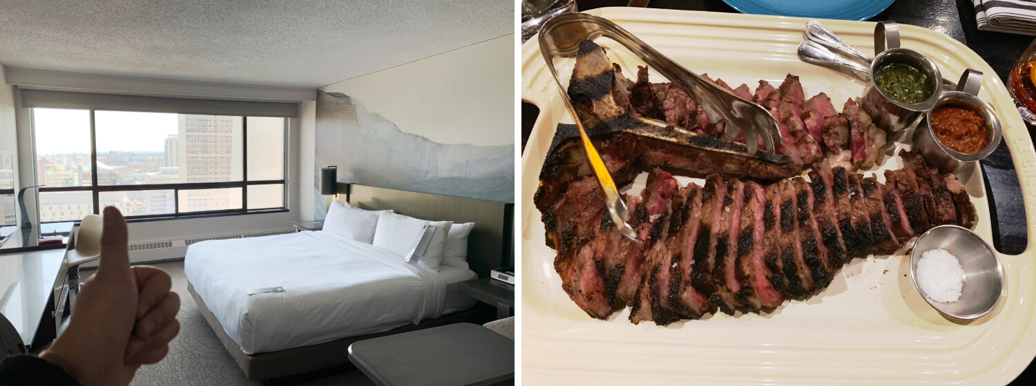 実際にマリオットホテルの部屋に泊まったときの写真と、浮いたお金で熟成アルバータ牛のステーキをいただいたときの写真です!