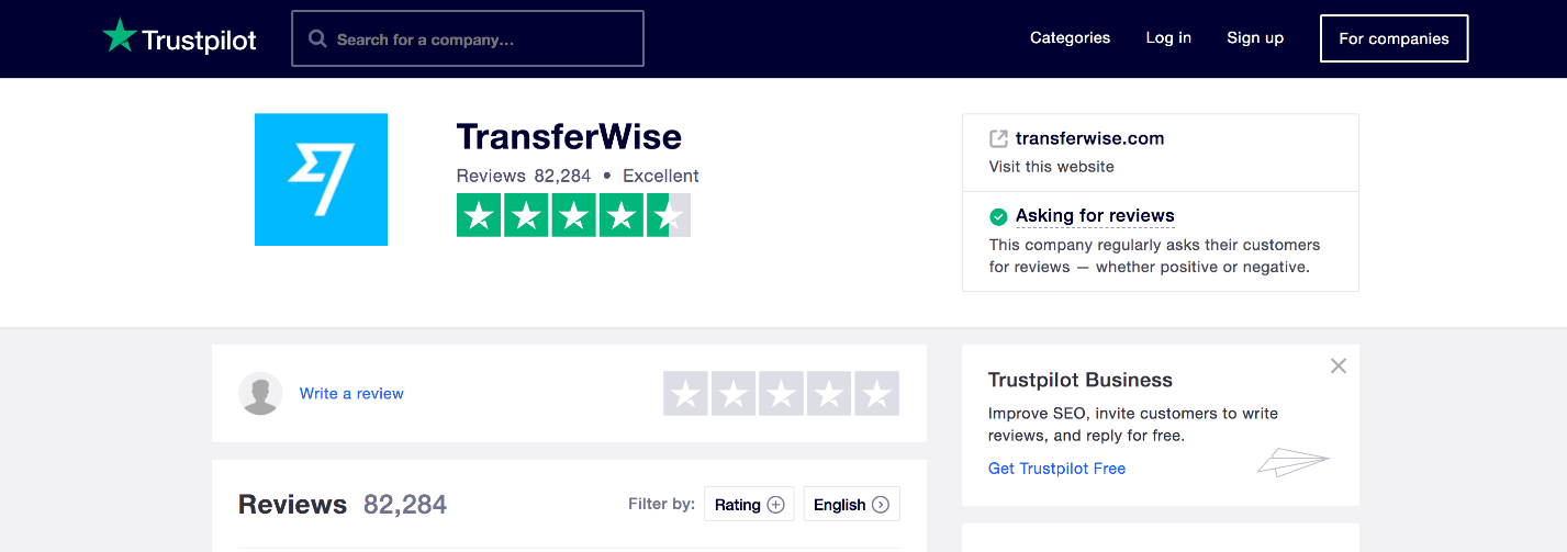 2020年2月 - Transferwiseが利用している口コミサイトのスクリーンショット。82,089のユーザーが4.6/5の高評価をつけています！