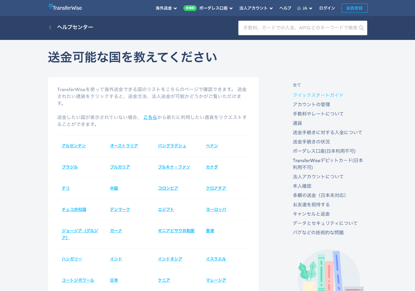 Transferwiseの利用可能国のページ。利用する前に、あなたの利用したい国がサポートされているかどうか確認しておきましょう。