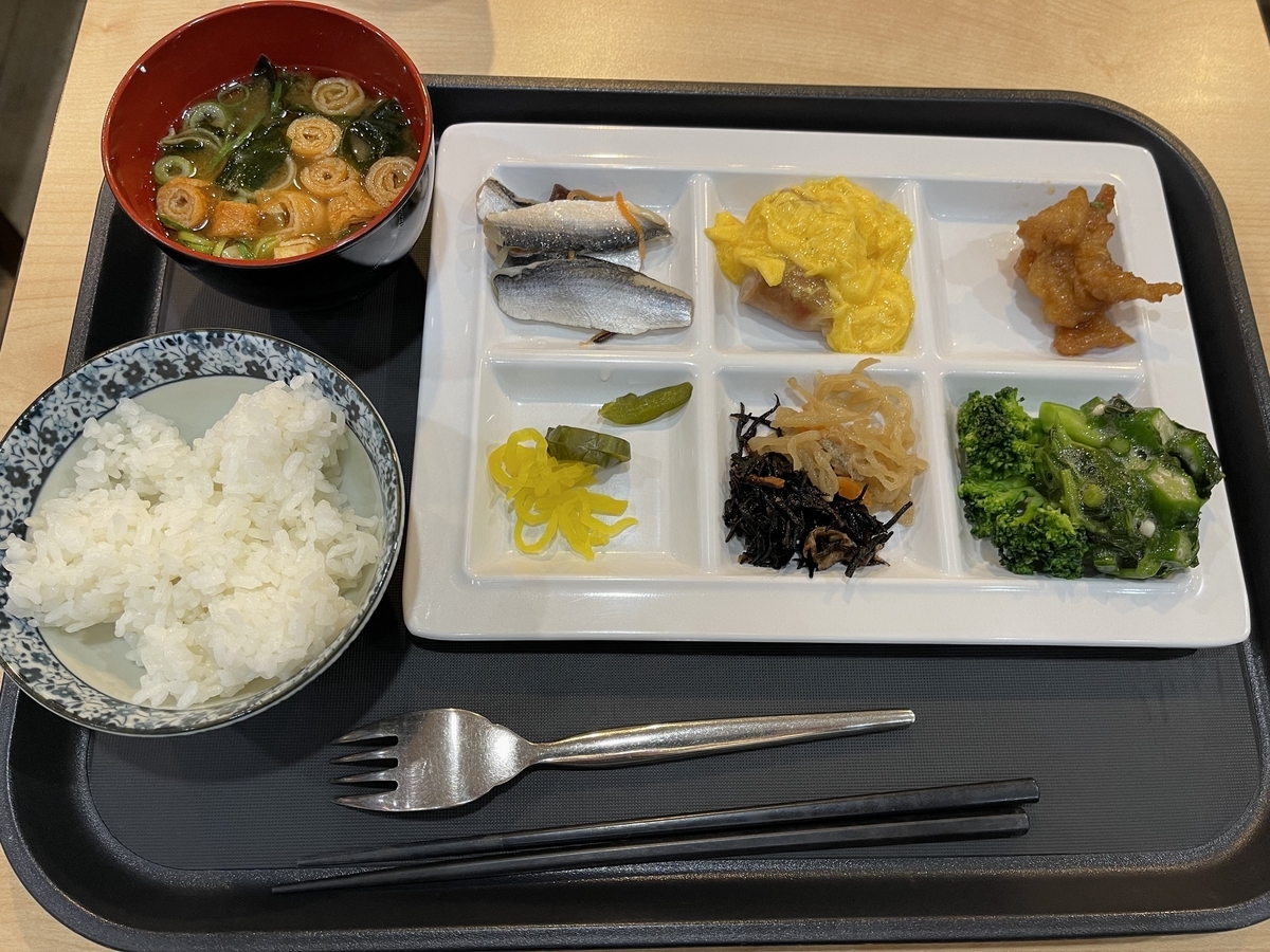 お盆の左手前にご飯、左奥にお味噌汁、右におかずのプレートを並べています。