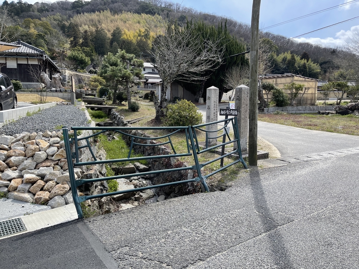 小さな川と緑の欄干の橋です。川の脇には細谷川と両国橋の石碑が立っています。