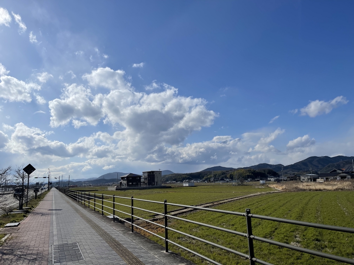 右手側に畑があり、左手側から西日が差して晴れやかです。