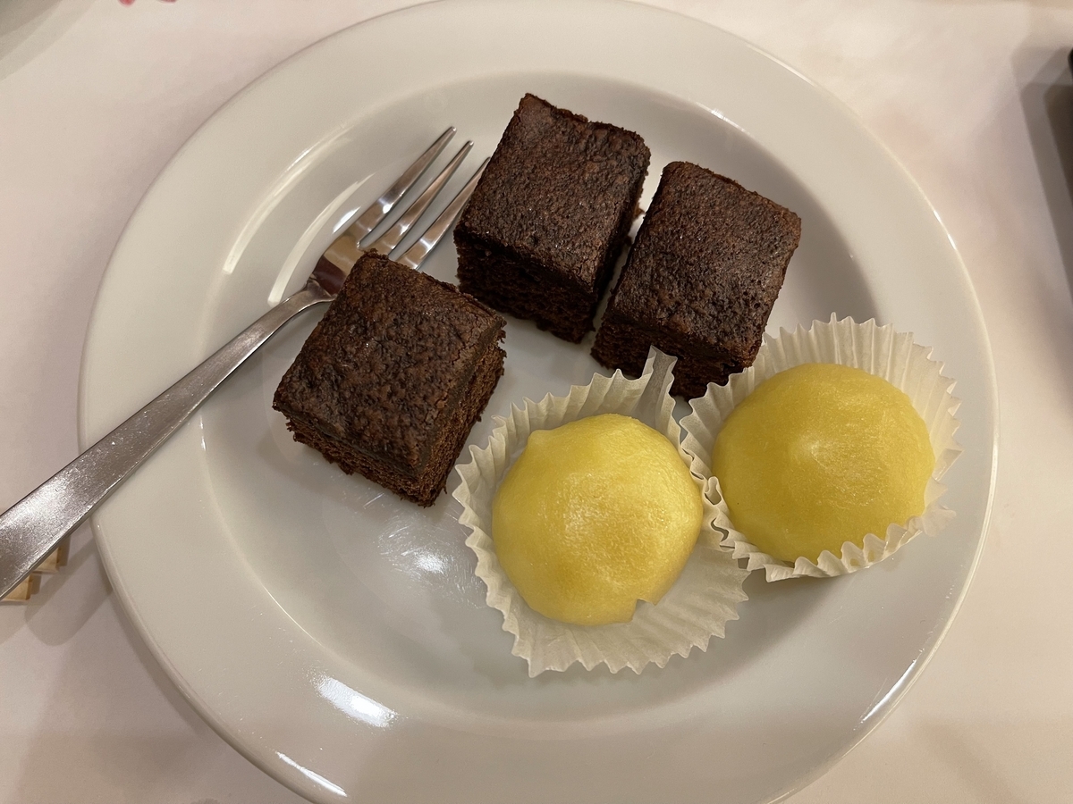 一口サイズのショコラケーキとお饅頭です。