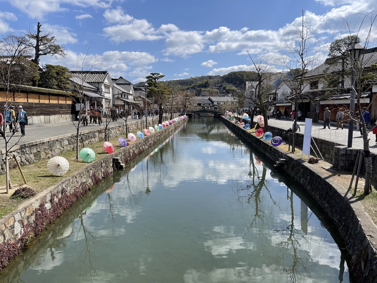 川岸に色とりどりの傘が並べてあります。