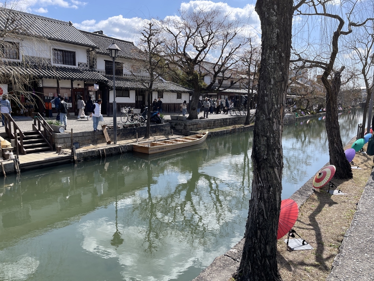川の向こう岸に舟が泊まっています。