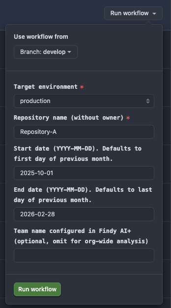 GitHub Actionsのワークフロー手動実行画面