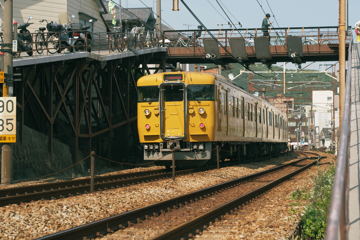 歩道橋の真下を走る黄色い電車。真上の歩道橋部分に歩く人。腰の位置に手すり。