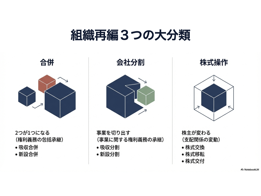 会社法の組織再編を攻略。合併・分割・株式交換・移転・交付の違いを