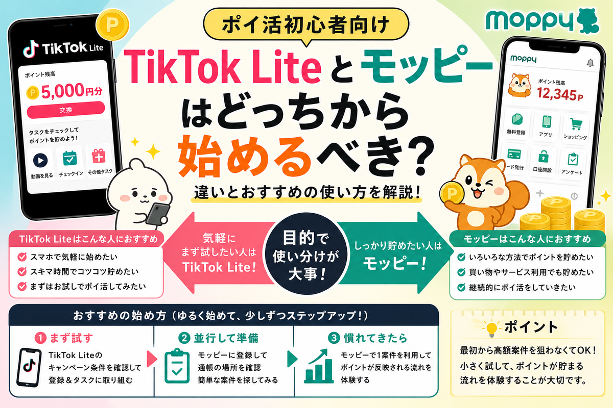 TikTok Liteとモッピーはどっちから始めるべき?初心者向けに違いを解説