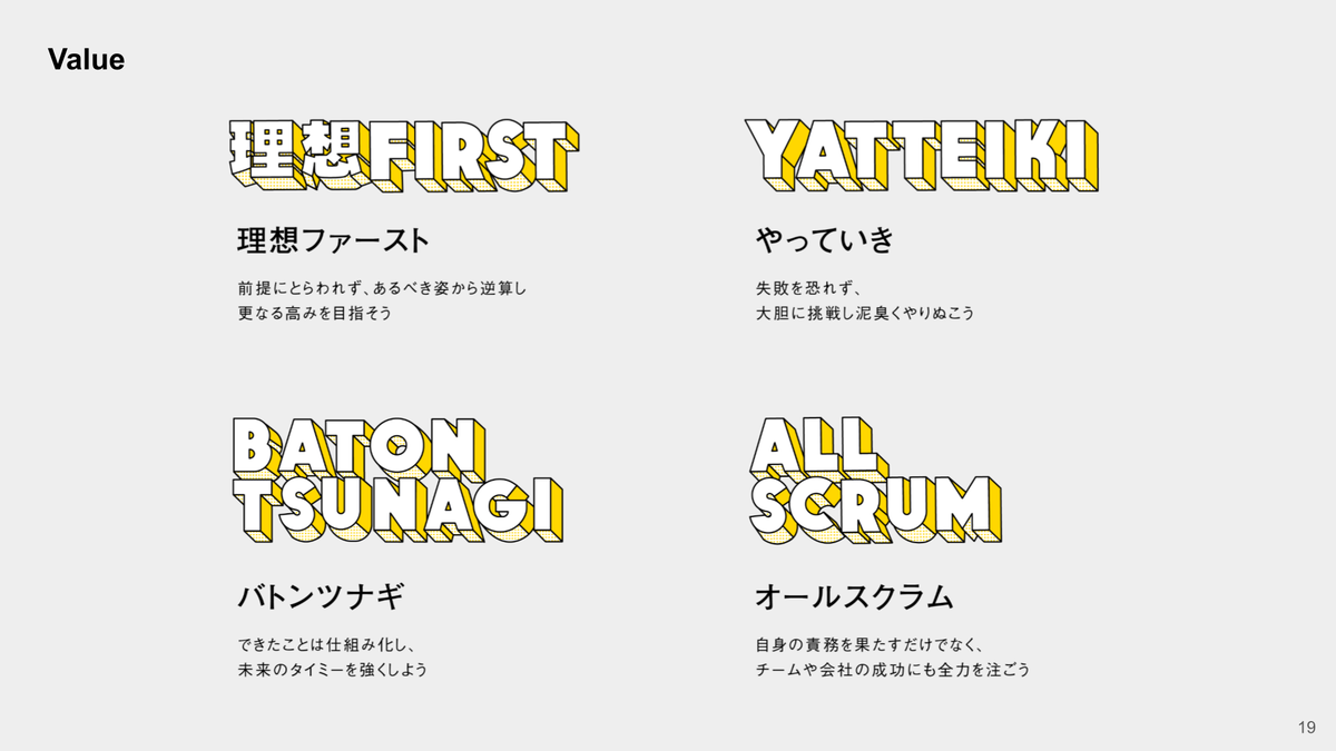 「理想ファースト」「オールスクラム」「バトンツナギ」「やっていき」