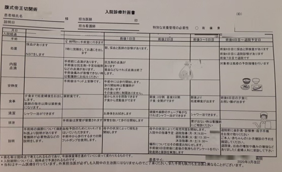 病院から渡された入院診療計画書、処置内容や安静度などの項目別に説明が記載されています