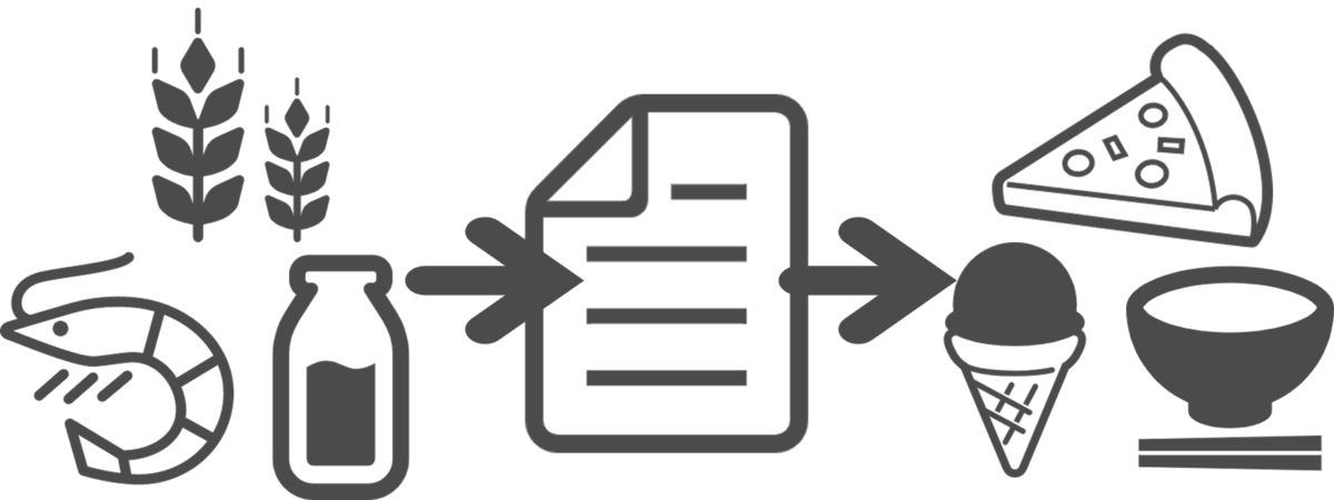 レシピのイメージ、海老やミルクなどの材料を元にレシピで調理した結果、ピザやアイスクリームなどのお料理ができあがります。