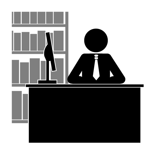 本棚の前に座る人物のピクトグラム、図書館のイメージイラストです。