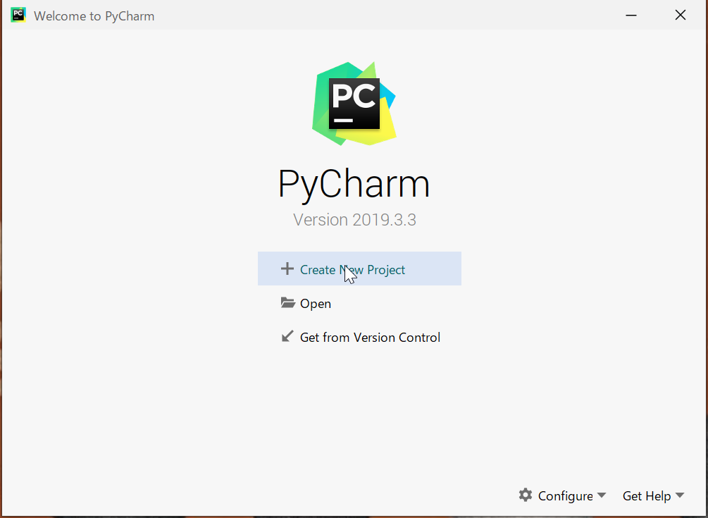 PyCharmの起動画面です。"Create New Project"を選択してください。