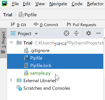 "Trial"というプロジェクトフォルダ直下に"Pipfile"と"Pipfile.lock"というファイルが置かれている。