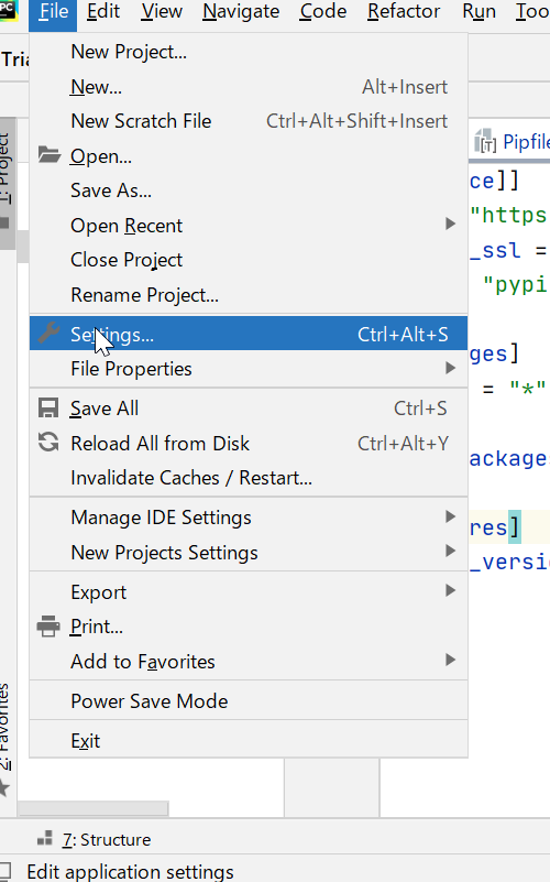 PyCharmのFileボタンをクリック後に表示されるSettingsボタンをクリックしてください。