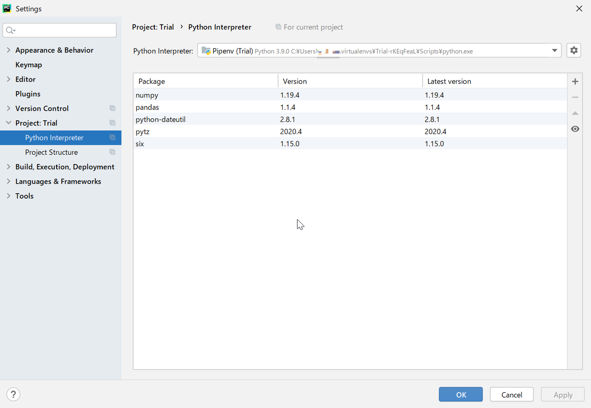 PyCharmのSettingsウィンドウ内にあるPython Interpreterの設定画面が開かれています。