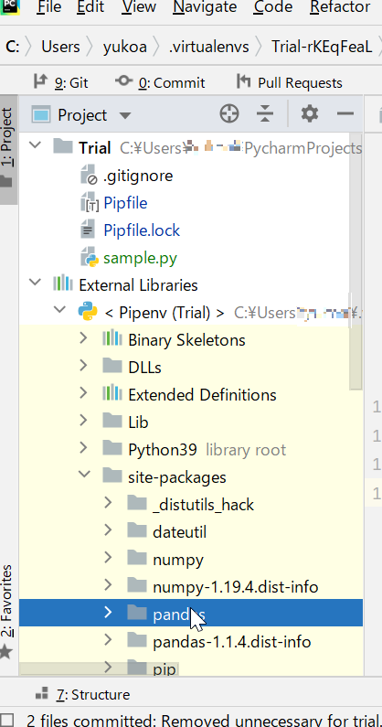 PyCahrmのProjectWindowからExternalLibrariesの中身としてpandasが表示されている。