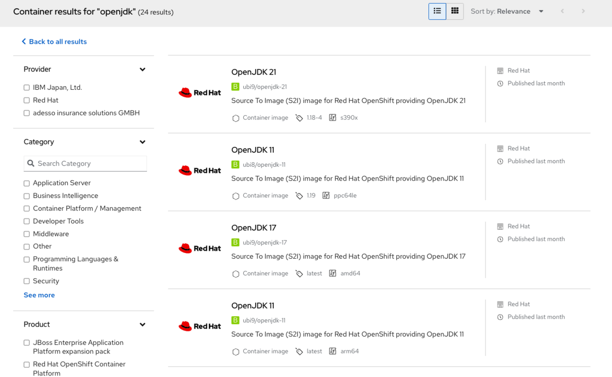 Red Hat Ecosystem Catalogの検索結果