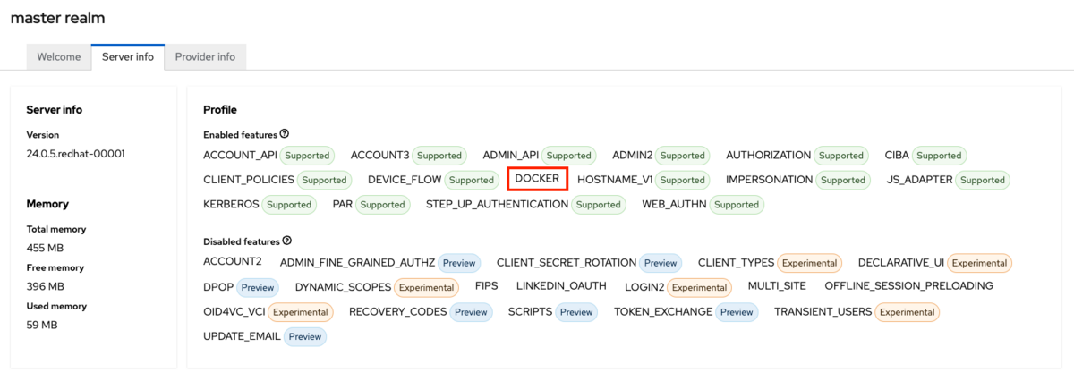 Server infoでDocker機能の有効化を確認する