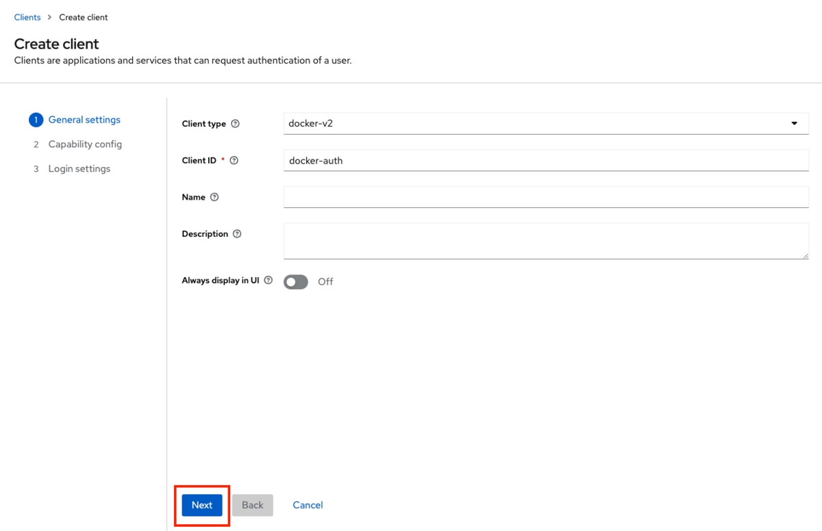 クライアントの作成。Client typeはdocker-v2を選択する。