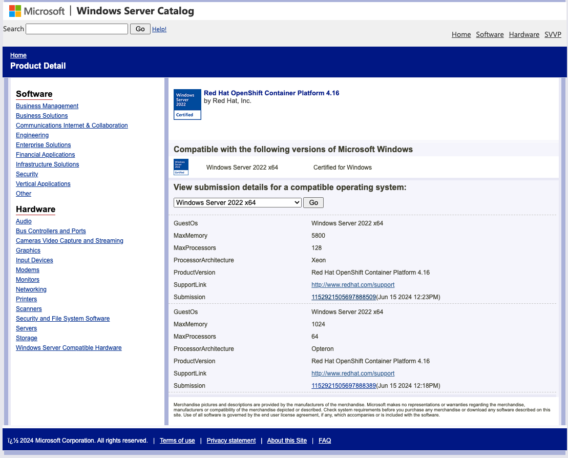 SVVPにおけるOpenShift 4.16とWindows Server 2022の掲載の例