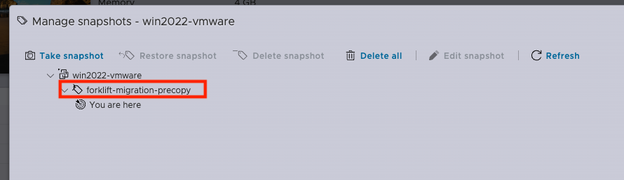 ウォーム移行ではプレコピー中、仮想マシンにスナップショットが作成される