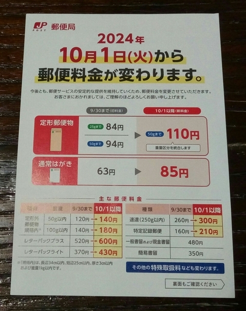 2024年10月から郵便料金値上げ