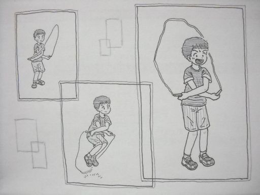 イラスト：交差とびに挑戦する男の子。交差を作る、交差を跳ぶ、跳べた笑顔、の順に、囲った枠をすこし重ねるように描かれている。余白に重なる枠の模様。