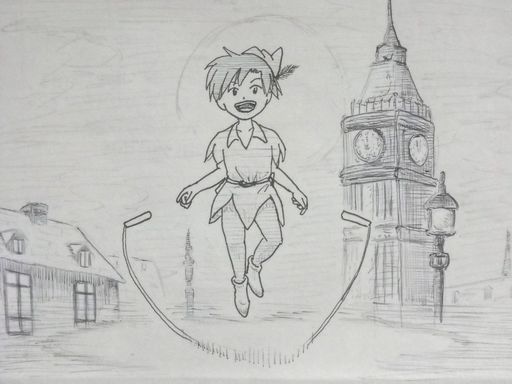 イラスト：バックに薄い満月の夜空と、霧がかった時計塔と街。中央でピーターパンが宙に浮かびながらなわとびしている。グリップは手から離れているのに・・・。
