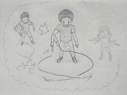 イラスト：ねずみ花火リリースをしている様子を３つ。小さく回している子は地面でぱたぱたグリップが回っているだけ。大きめに回している子は縄ごと回っている。薄く鉛筆描きで、前回しを大きめに回すイメージ。