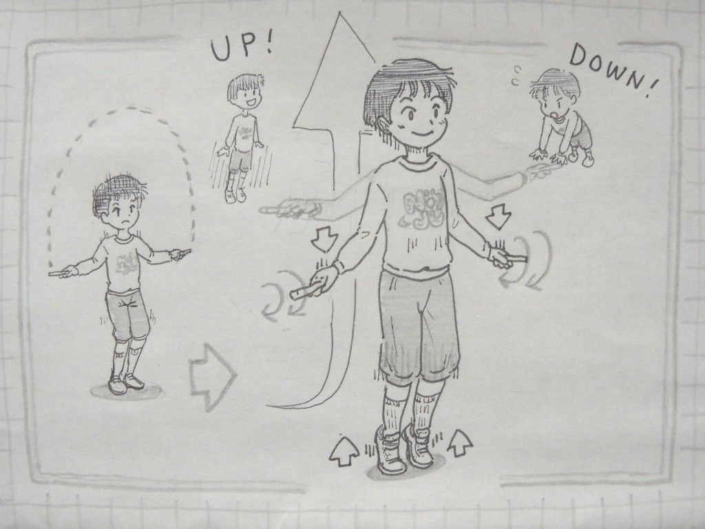 イラスト：背伸びしながら手を下げてグリップを回している男の子。背伸びする矢印のそばでミニ男の子が「ＵＰ！」、手を下げる矢印のそばで「ＤＯＷＮ！」