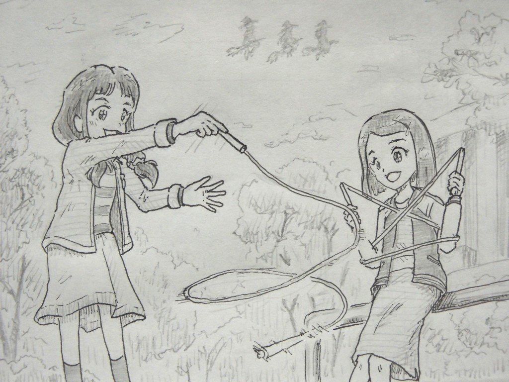 イラスト：公園でわたがしリリースを回す勝木さん。そばで車止めに腰かけたまゆみがクロスフリーズを作って笑っている。空の上には、ほうきにまたがって飛ぶ人影が３つ・・・。