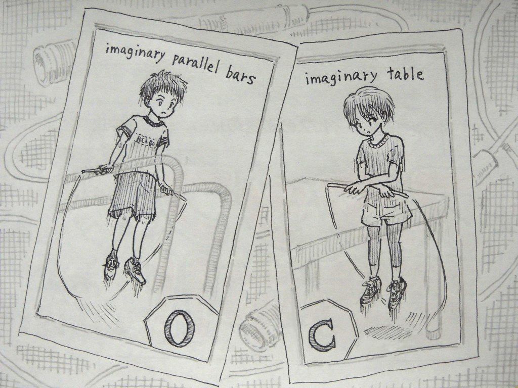 イラスト：想像の平行棒やテーブルを手で支えるように跳んでいる子ども